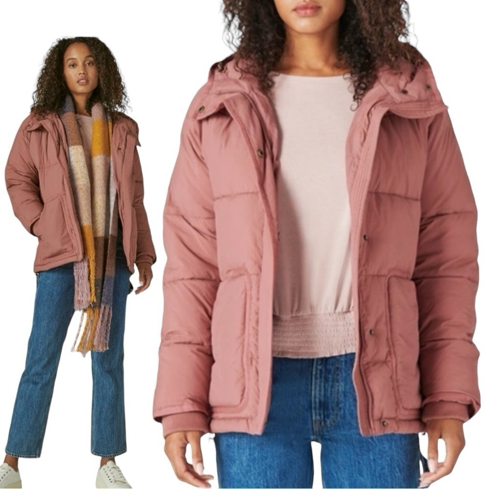 Lucky Brand Hoodie Puffer Jacket in Neutral Muted Clay